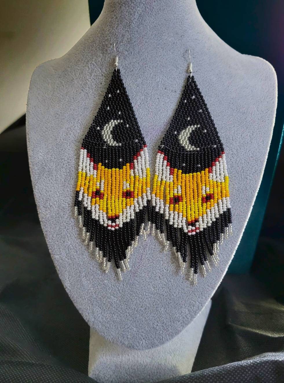 Red Fox Beaded Fringe Earrings: Long Sterling Silver 925