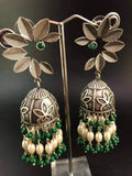 Wysokiej jakości oksydowane kolczyki ze srebra niemieckiego, replika Flora Jhumka, imitacja srebra, lekkie kolczyki | Biżuteria indyjska, biżuteria boho, cygańska