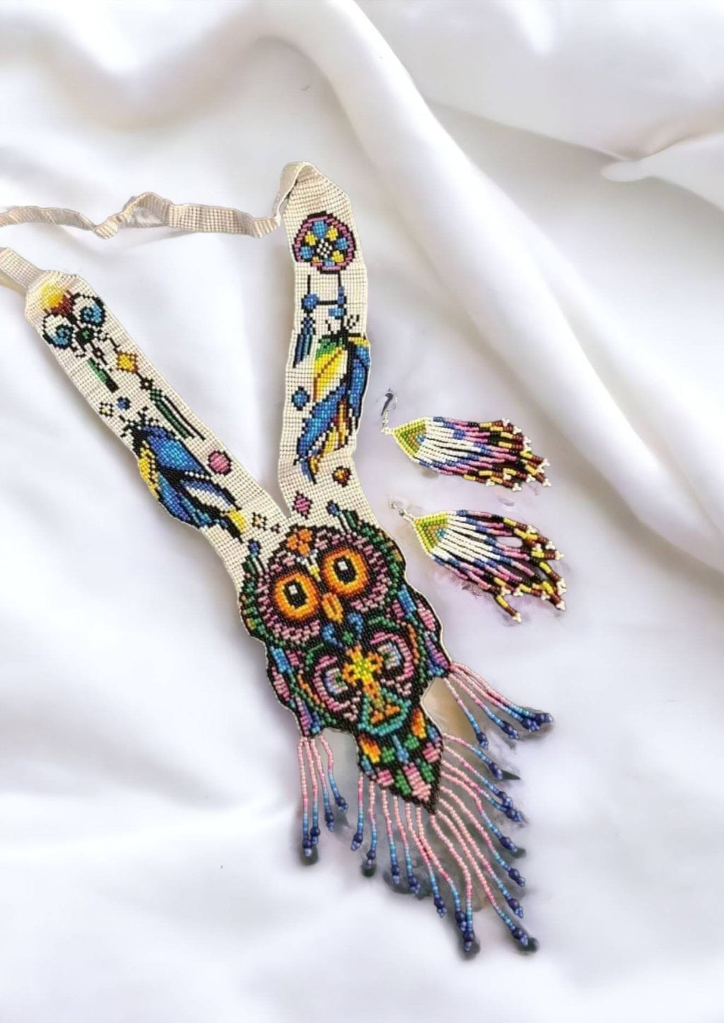 Handmade Beaded Owl Necklace: Long Statement Jewelry