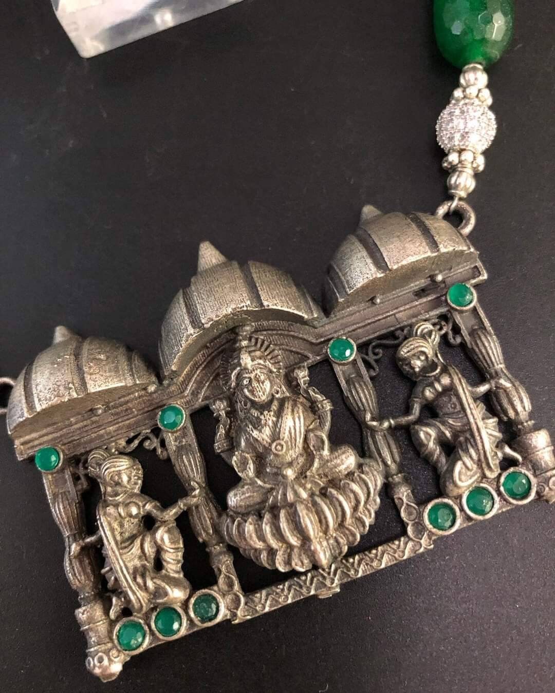 HANDMADE LAXMI NECKLACE,Oval Shape Beads,Silver Replica,Goddess Of Wealth,Goddess Of Luck,Hindu Goddess