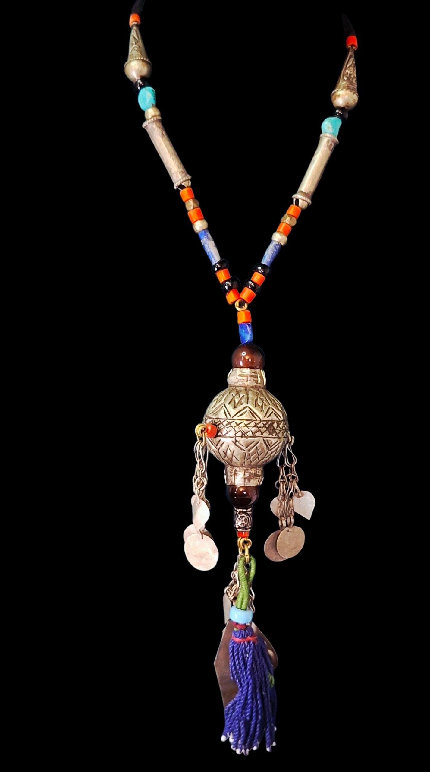 Berber Silver Tribal Necklace: Lapis, Turquoise & Coral - Bohemian Pendant