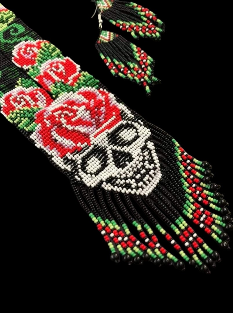 Handmade Seed Bead Skull Necklace: Ethnic Sugar Skull Jewelry