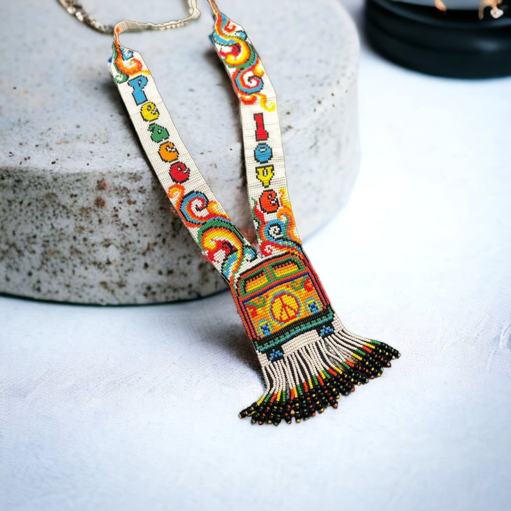 Seed Bead Peace Sign Necklace: Boho Hippie Style