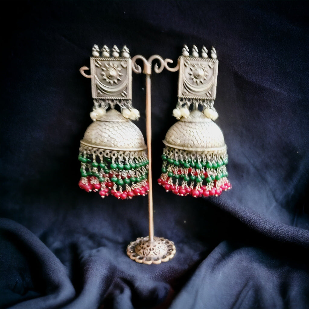 Handmade Indian Jhumka Earrings: Sun Motif, Crystal Beads