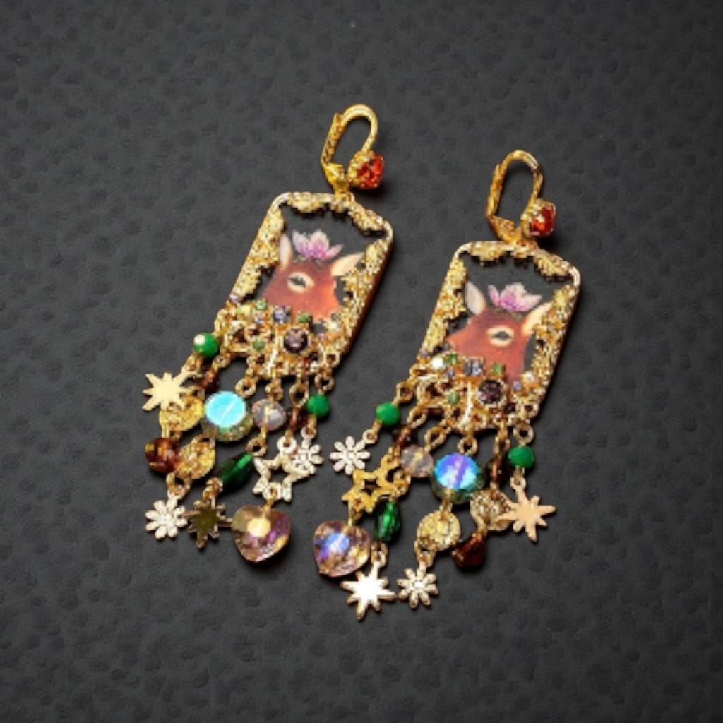 Whimsical Deer Portrait Drop Earrings – Maximalist Gold Chandelier Earrings with Floral Fawn, Crystals, and Celestial Charms – Statement Boh