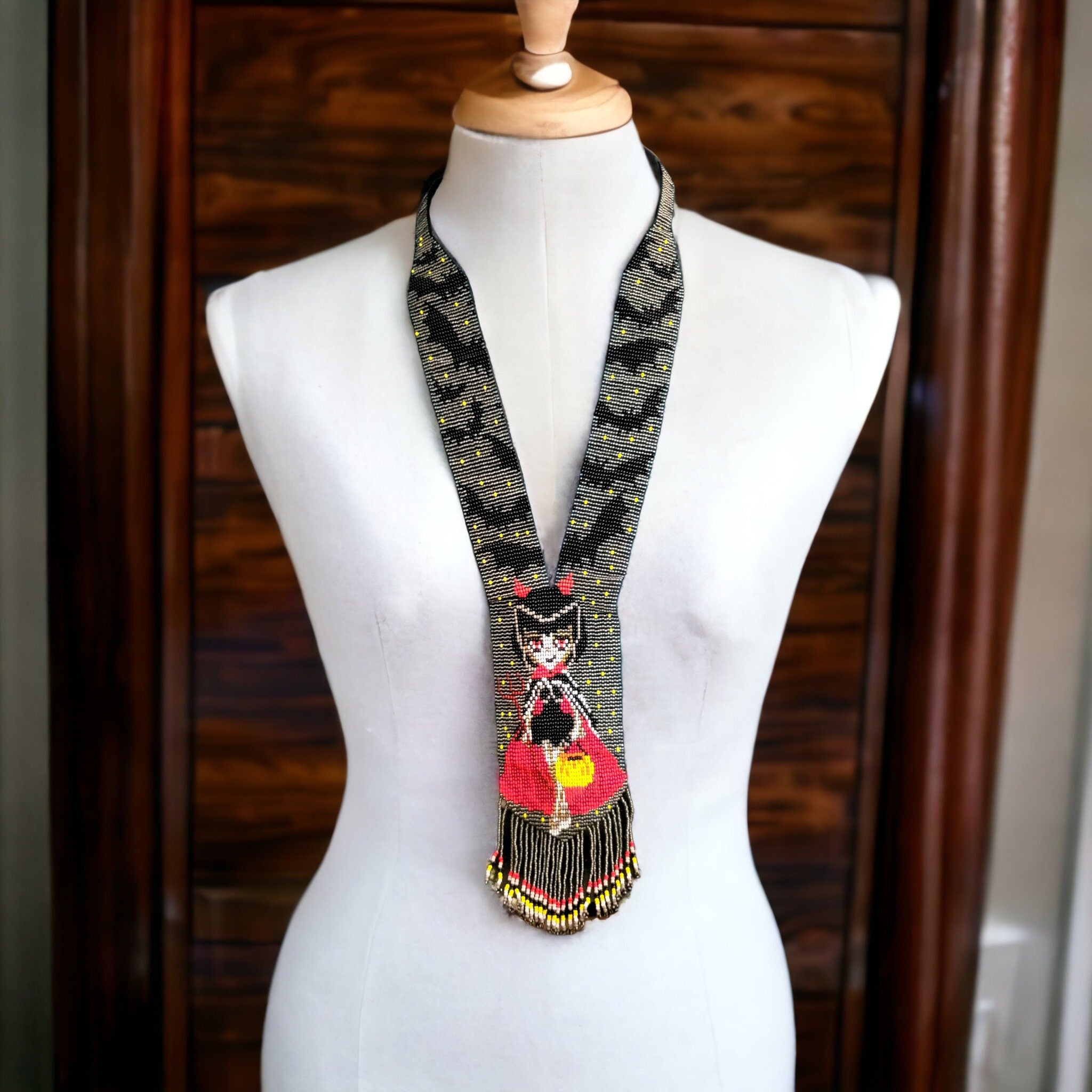 Handmade Beaded Halloween Necklace: Bat & Costume Girl Motif