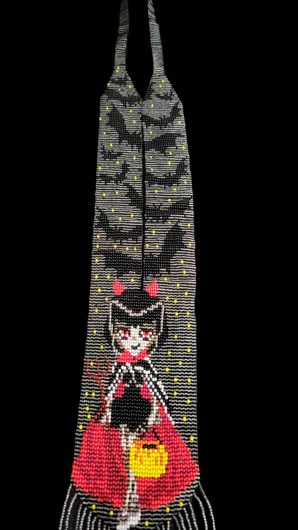 Handmade Beaded Halloween Necklace: Bat & Costume Girl Motif