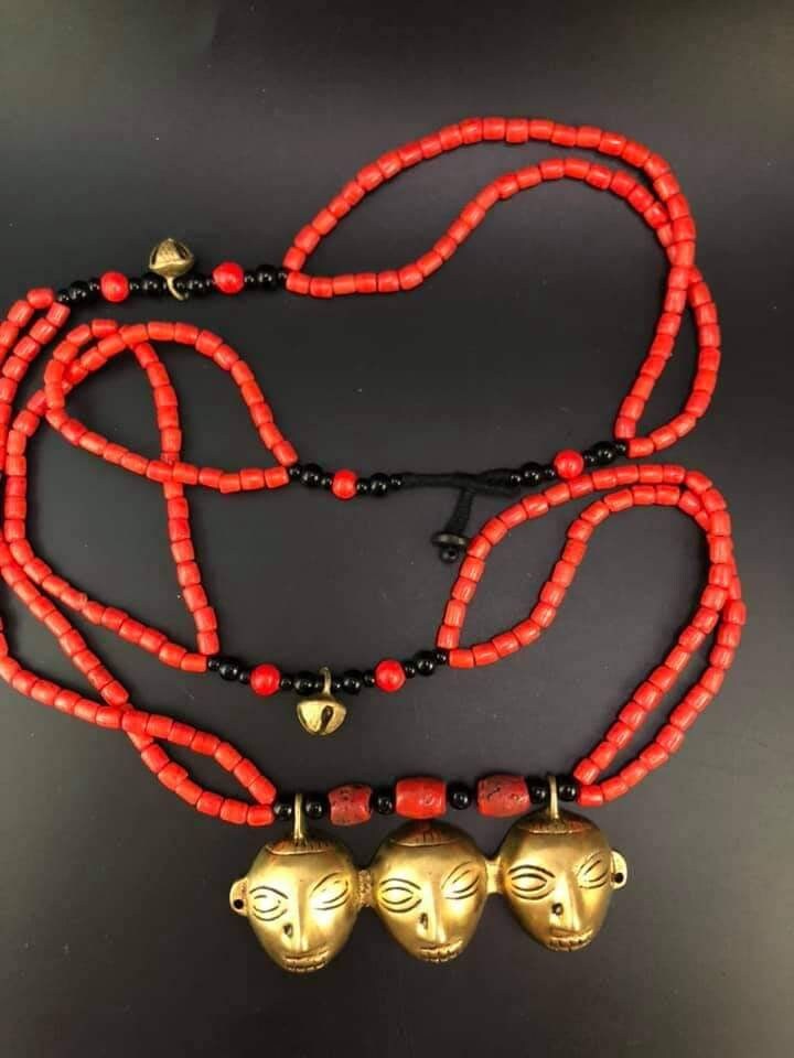 Bronze Tribal Mask Pendant Necklace: Coral Beaded Ethnic Jewelry
