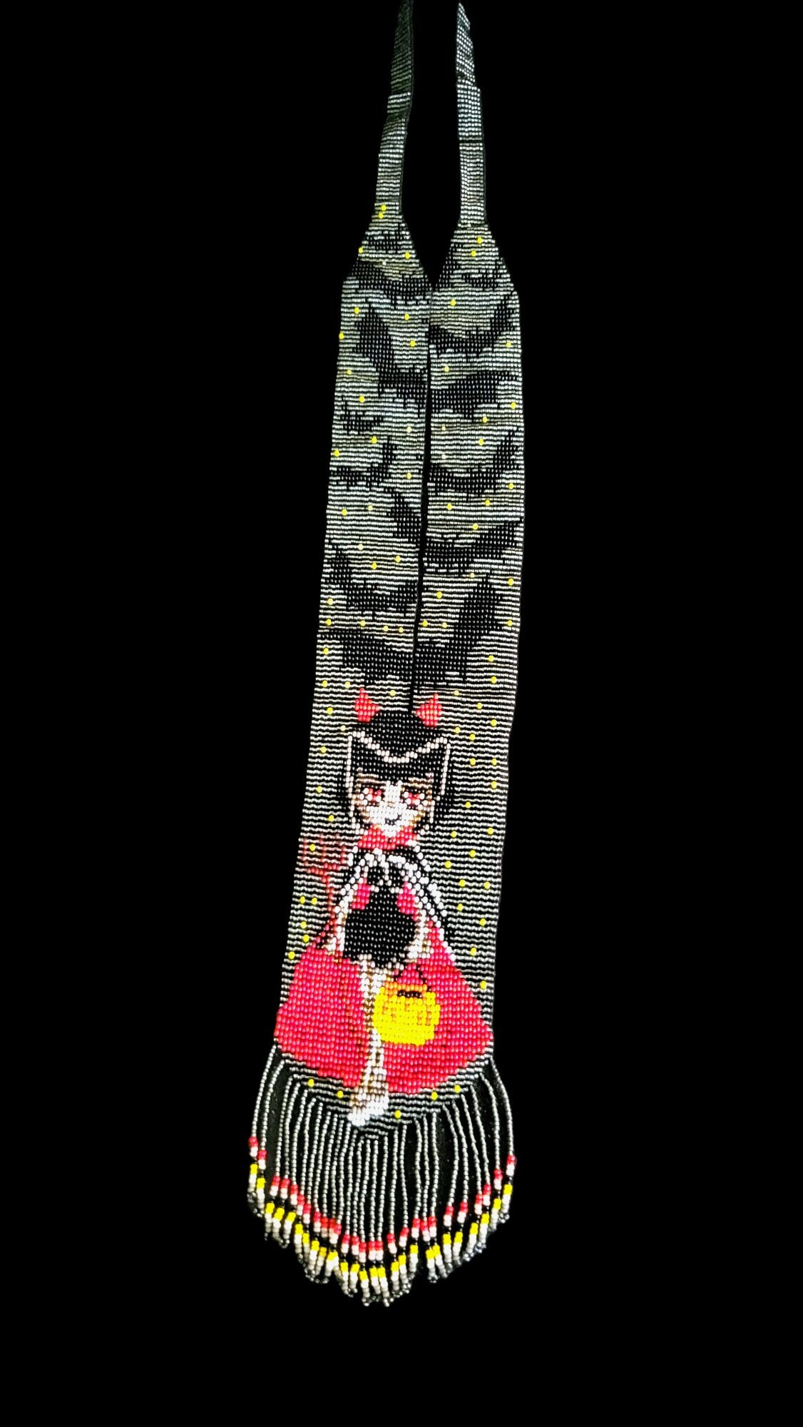 Handmade Beaded Halloween Necklace: Bat & Costume Girl Motif