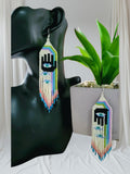 Handmade Hamsa Evil Eye Beaded Earrings: Pastel Rainbow Fringe