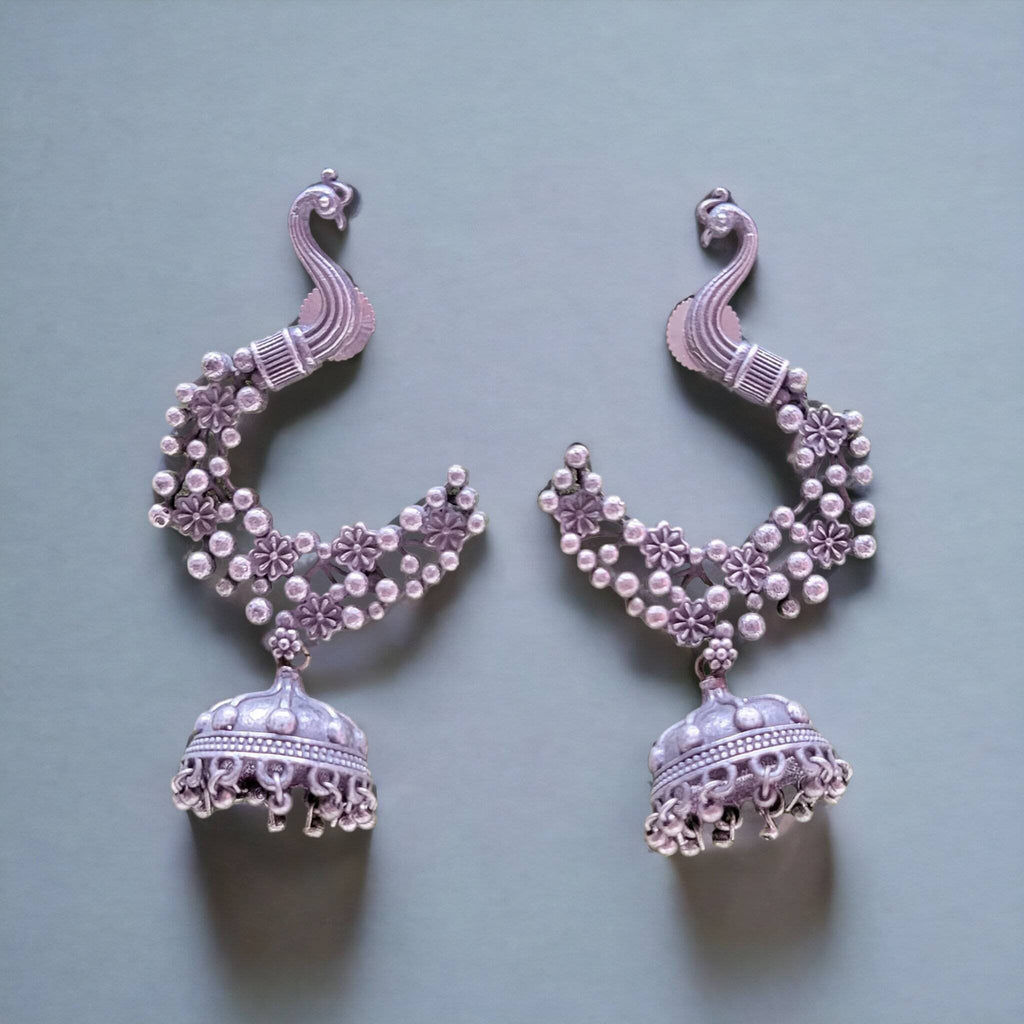 Peacock Jhumka Earrings with Ear Chains: German Silver Ethnic Jewelry