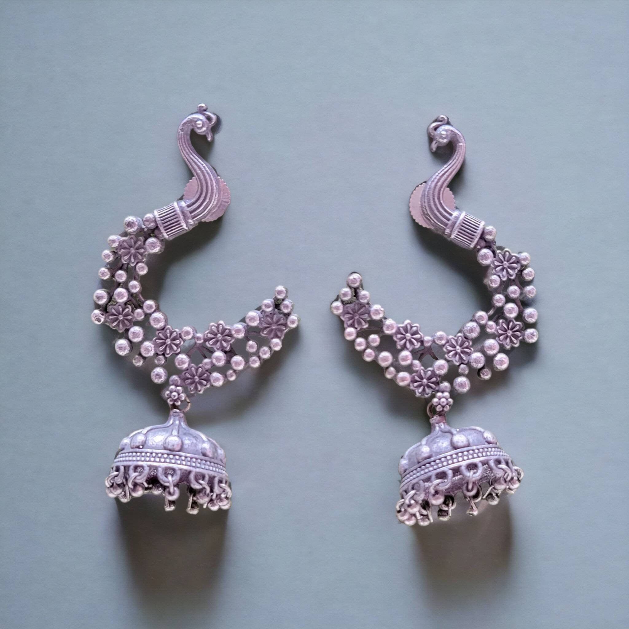 Peacock Jhumka Earrings with Ear Chains: German Silver Ethnic Jewelry