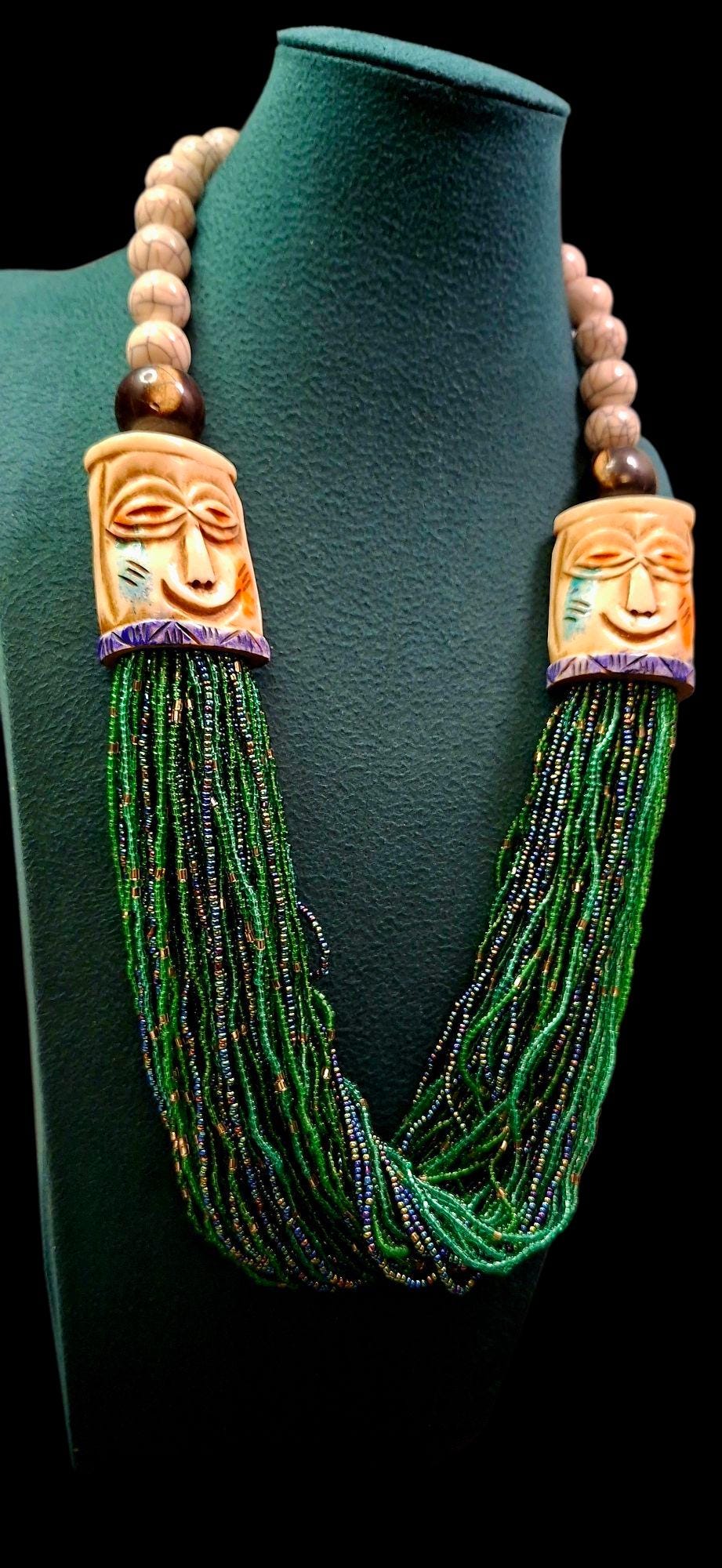 Handmade Nepali Tribal Bone Mask Beaded Necklace - Unique Ethnic Statement Jewelry