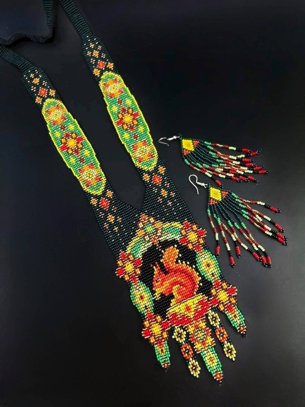 Beaded Squirrel Necklace &amp; Earrings Set: Handwoven Animal Art Jewelry