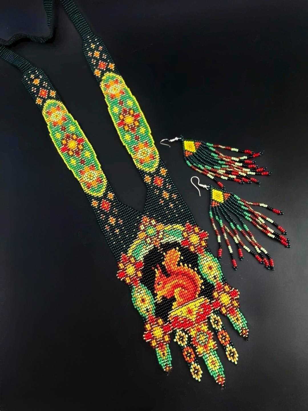 Beaded Squirrel Necklace &amp; Earrings Set: Handwoven Animal Art Jewelry