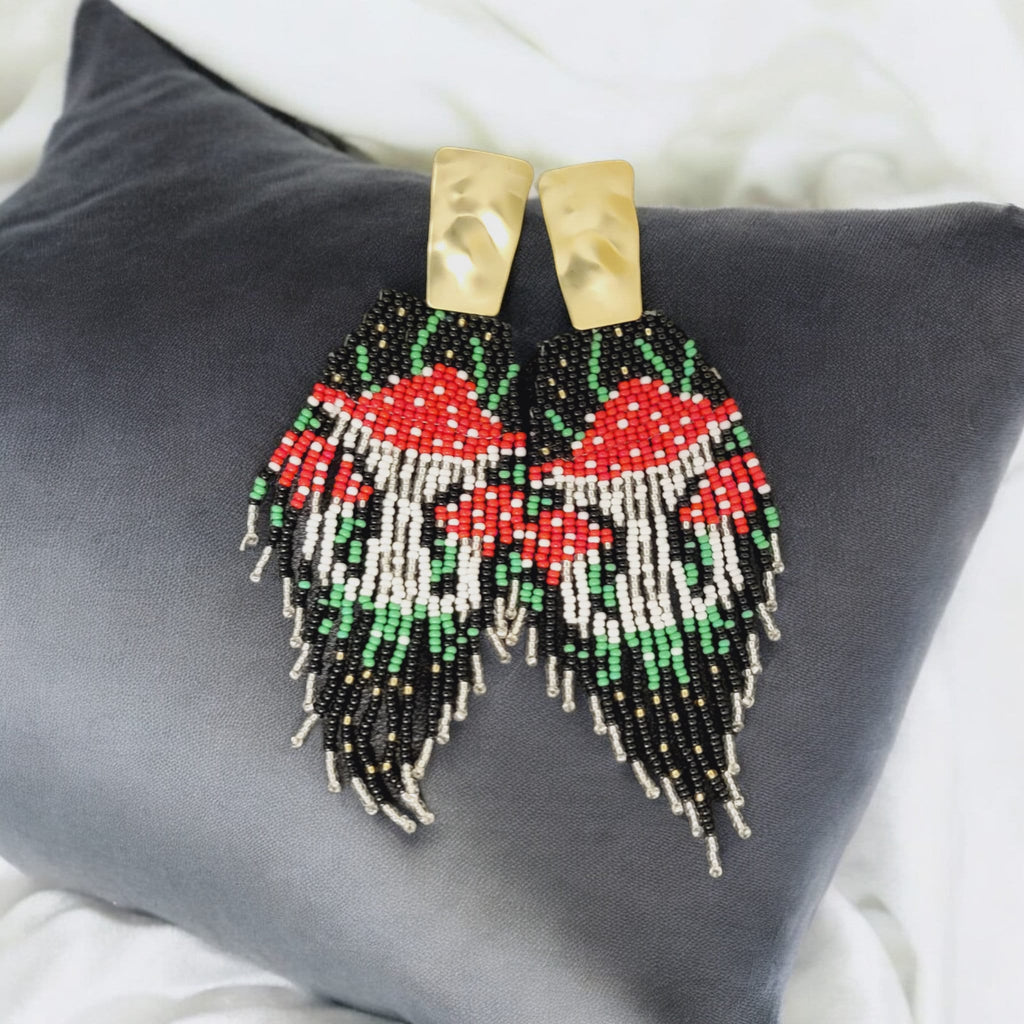 Beaded Mushroom Fringe Earrings: Toadstool Dangle Earrings