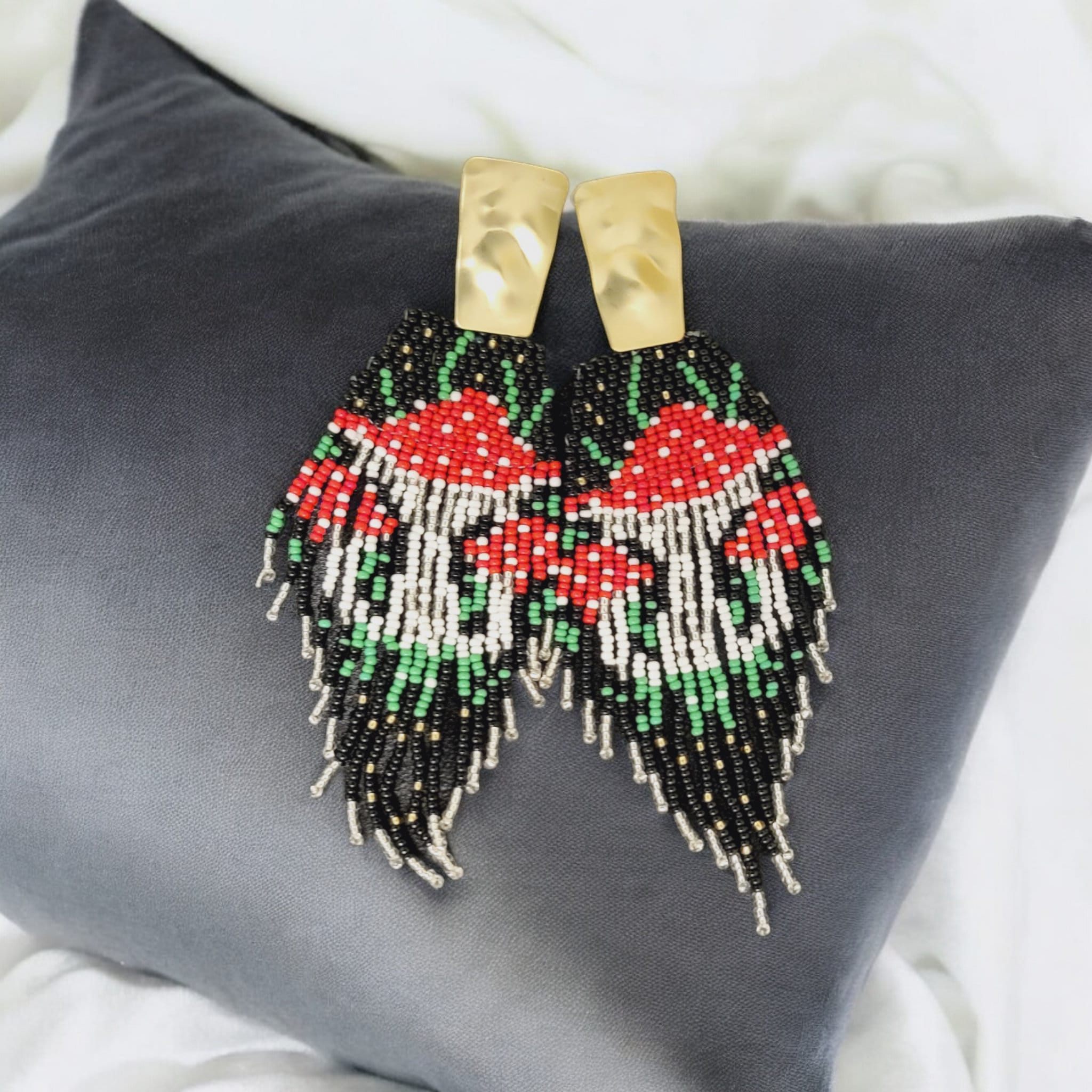 Beaded Mushroom Fringe Earrings: Toadstool Dangle Earrings
