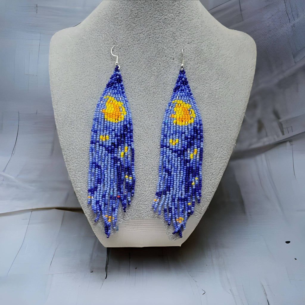 Long Fringe Earrings, Handmade Beaded Earring, Crecent Earrings,