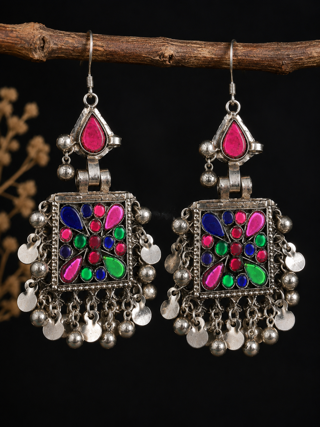 Vintage Kuchi Earrings: Afghan Jeweled Silver Tone Boho Earrings