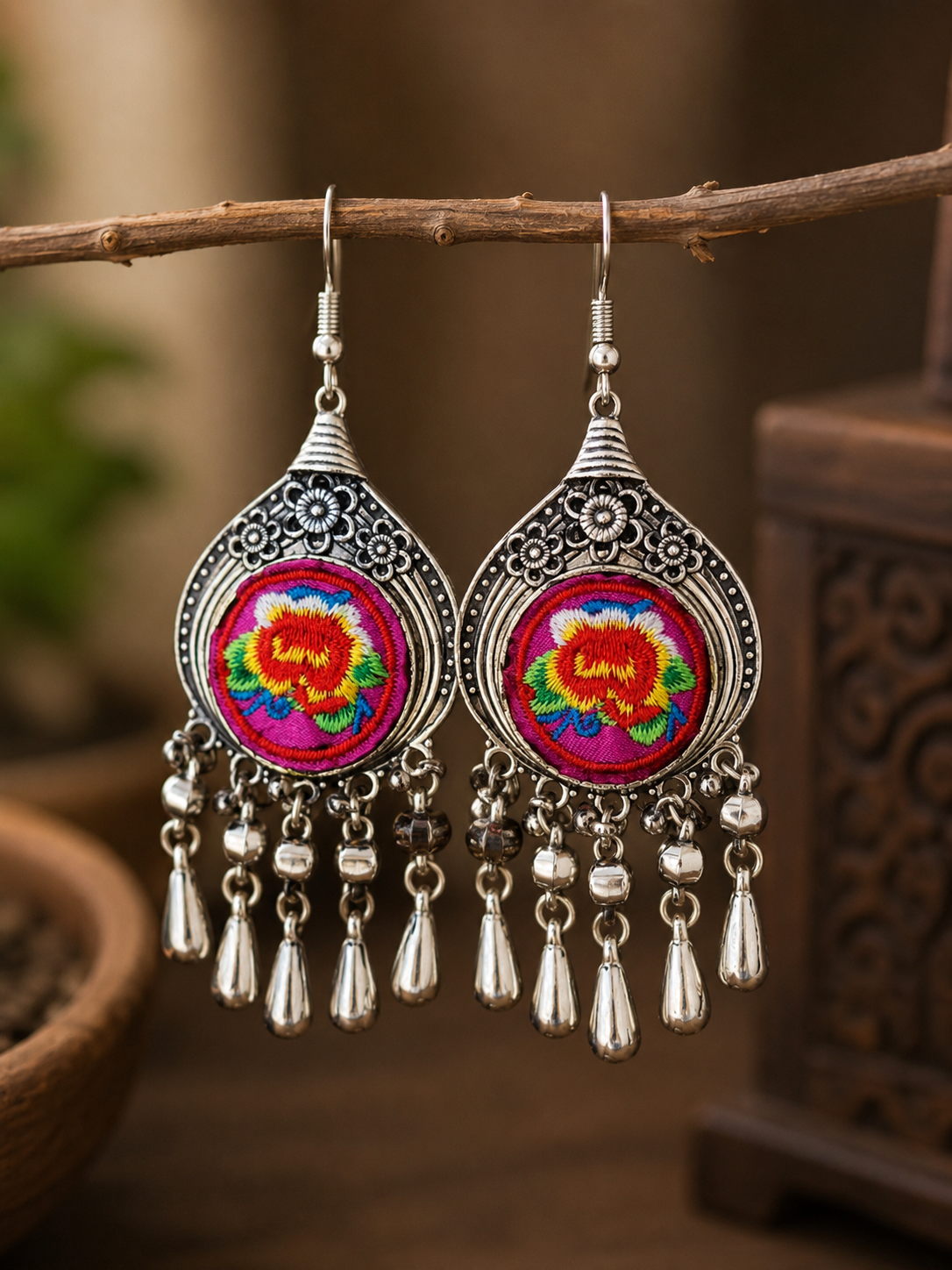 Miao Silver Flower Embroidery Earrings: Hmong Ethnic Dangle Earrings