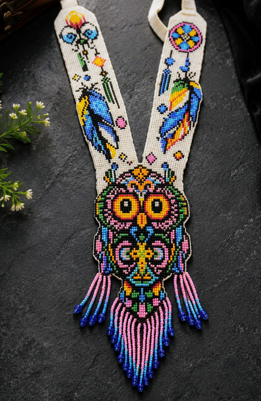 Handmade Beaded Owl Necklace: Long Statement Jewelry