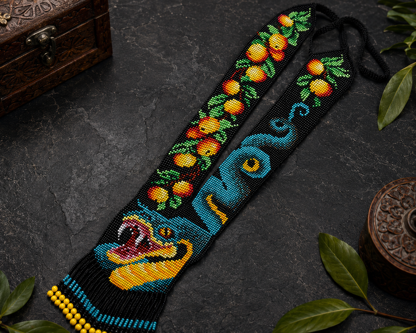 Artisan Loom Beaded Necklace with Serpent and Fruit Motifs