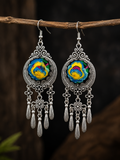 Miao Silver Dangle Earrings: Embroidered Flower, Ethnic Boho