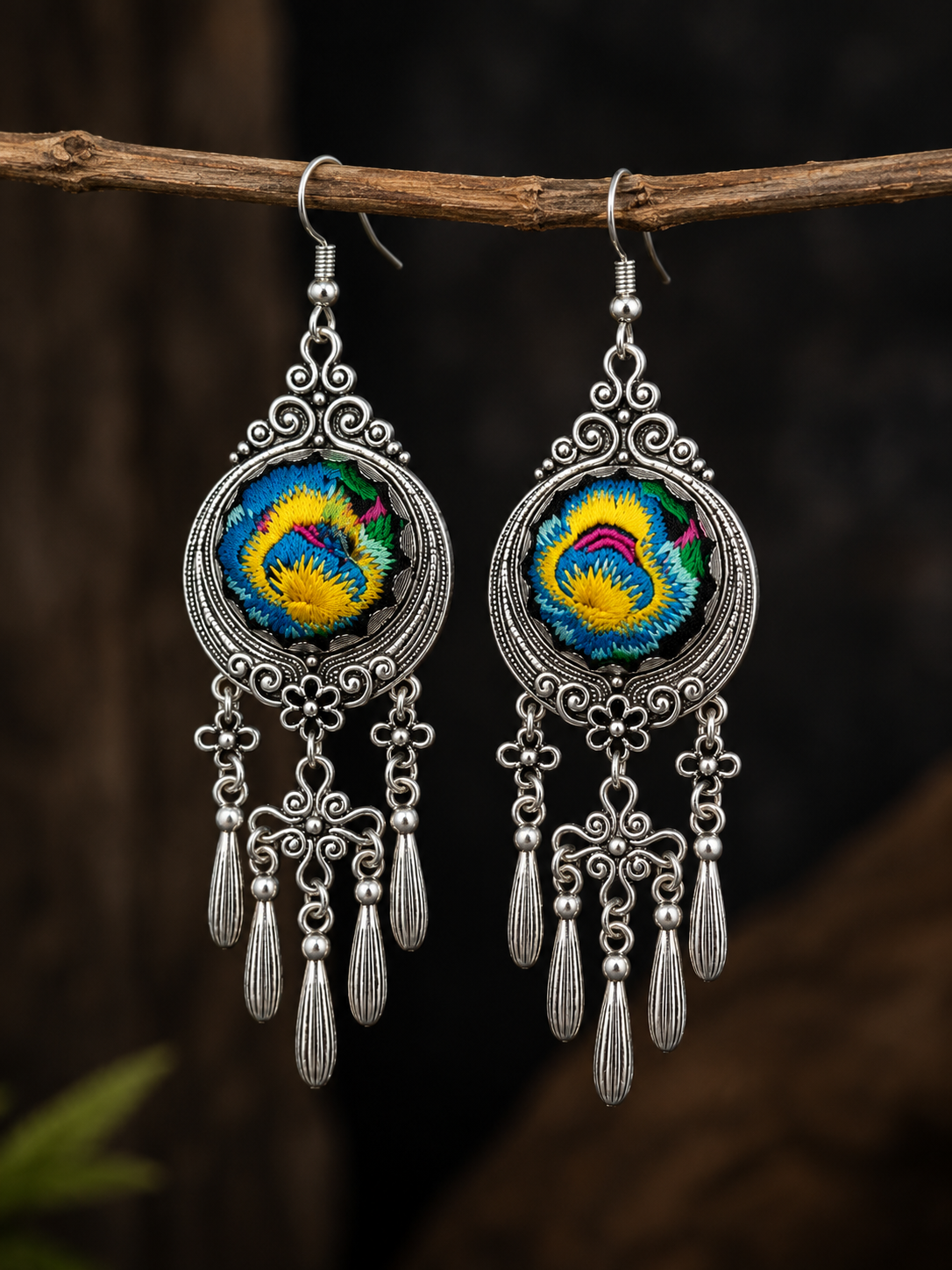 Miao Silver Dangle Earrings: Embroidered Flower, Ethnic Boho