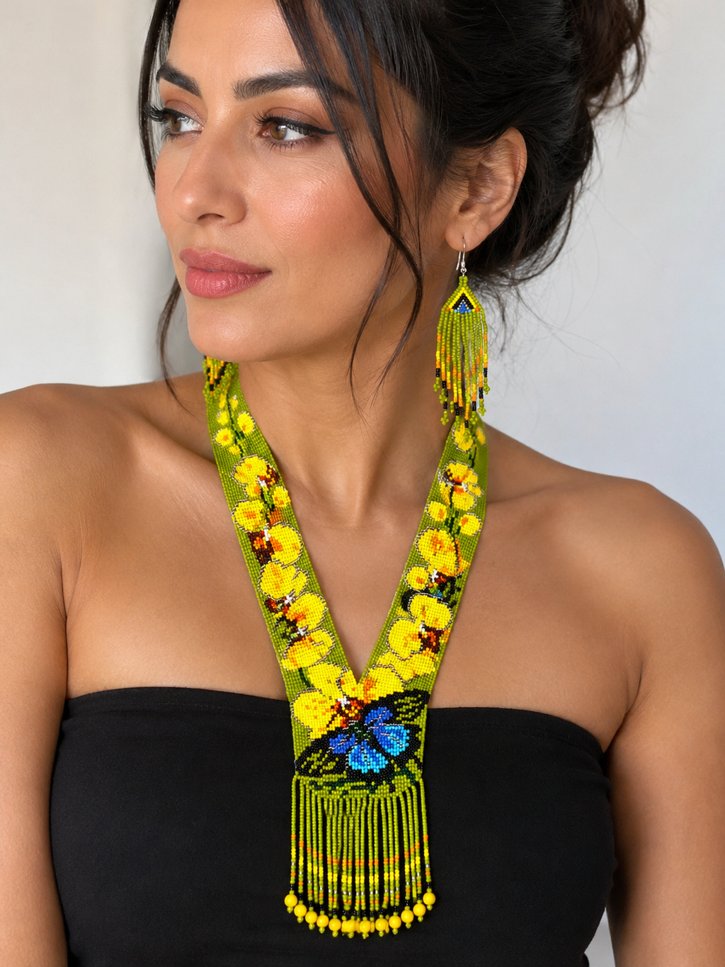 Handmade Floral Butterfly Beaded Necklace & Fringe Earrings Set | Boho Statement Jewelry | Green Seed Bead Necklace