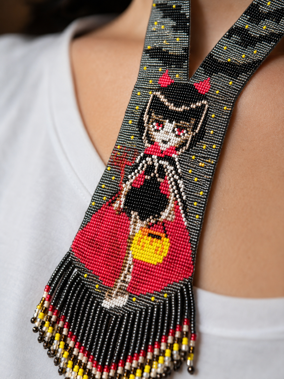 Handmade Beaded Halloween Necklace: Bat & Costume Girl Motif