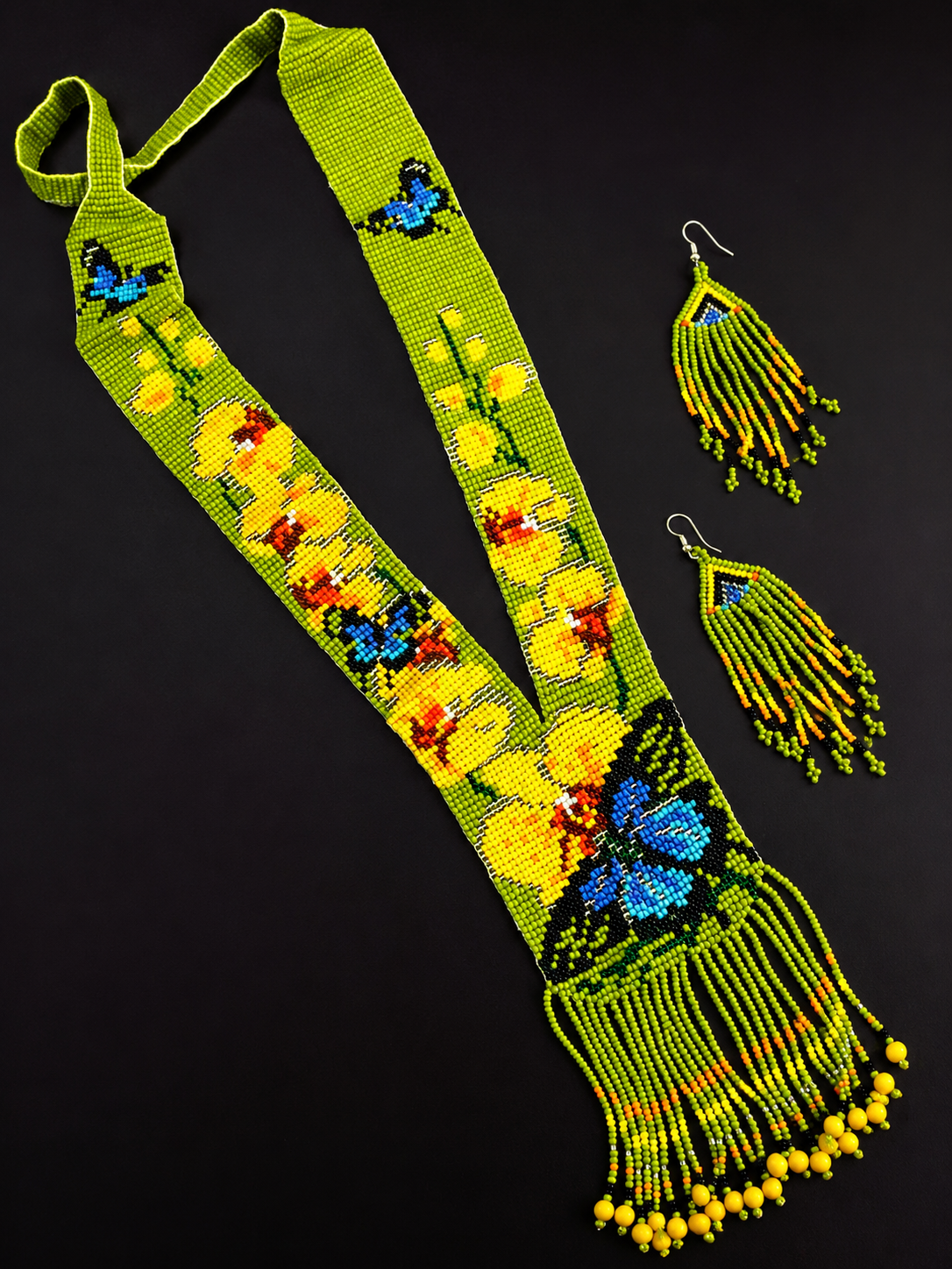 Handmade Floral Butterfly Beaded Necklace & Fringe Earrings Set | Boho Statement Jewelry | Green Seed Bead Necklace