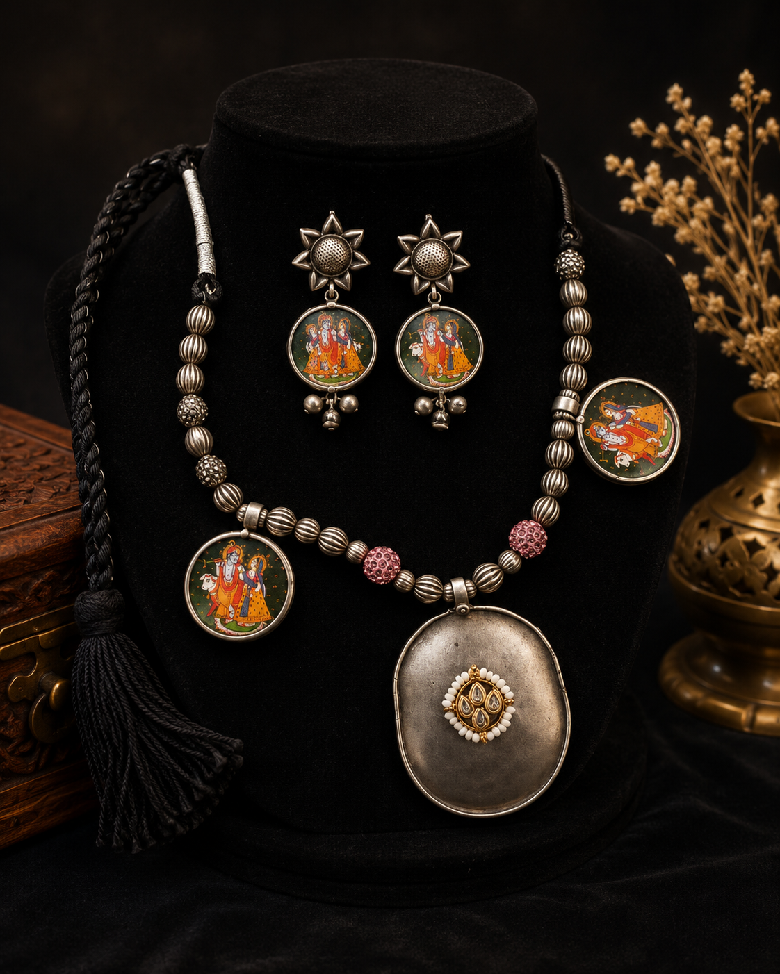 Handmade Krishna Radha Choker Necklace & Earrings Set