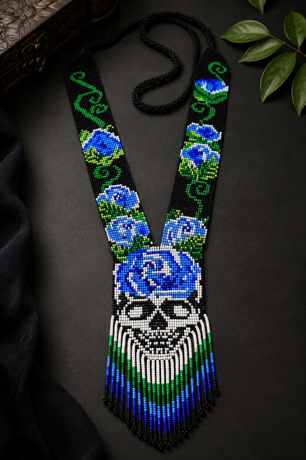 Blue Rose Skull Beaded Necklace: Gothic Statement Jewelry