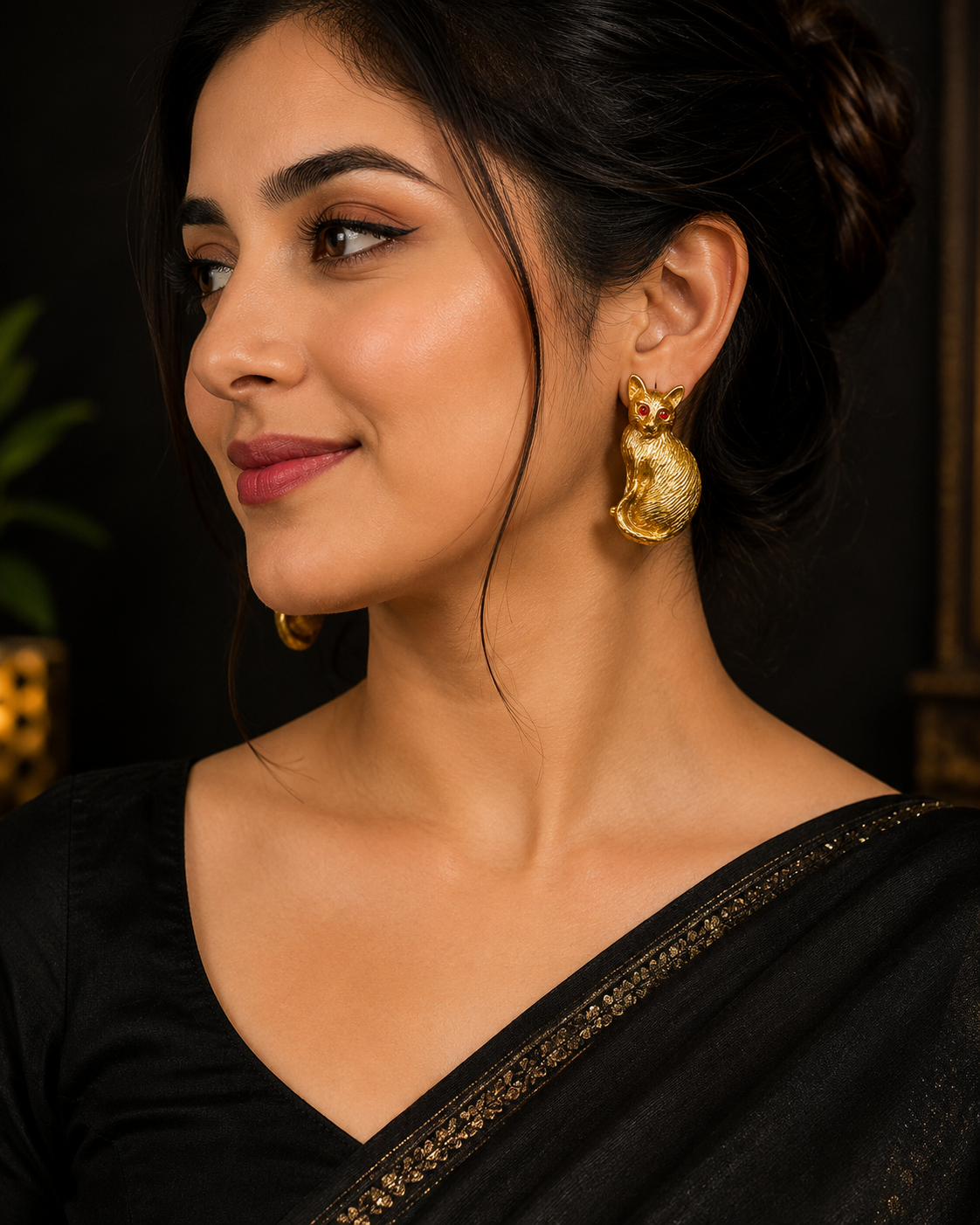 14k Gold Plated Cat Stud Earrings: Red Rhinestone Eye