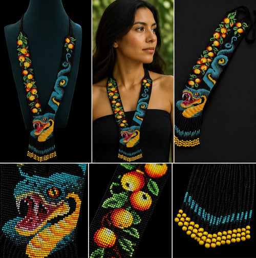Artisan Loom Beaded Necklace with Serpent and Fruit Motifs