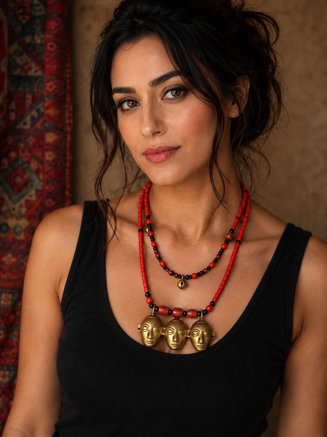 Handmade Tribal Brass Face Pendant Necklace | Red Beaded Ethnic Boho Statement Necklace for Women