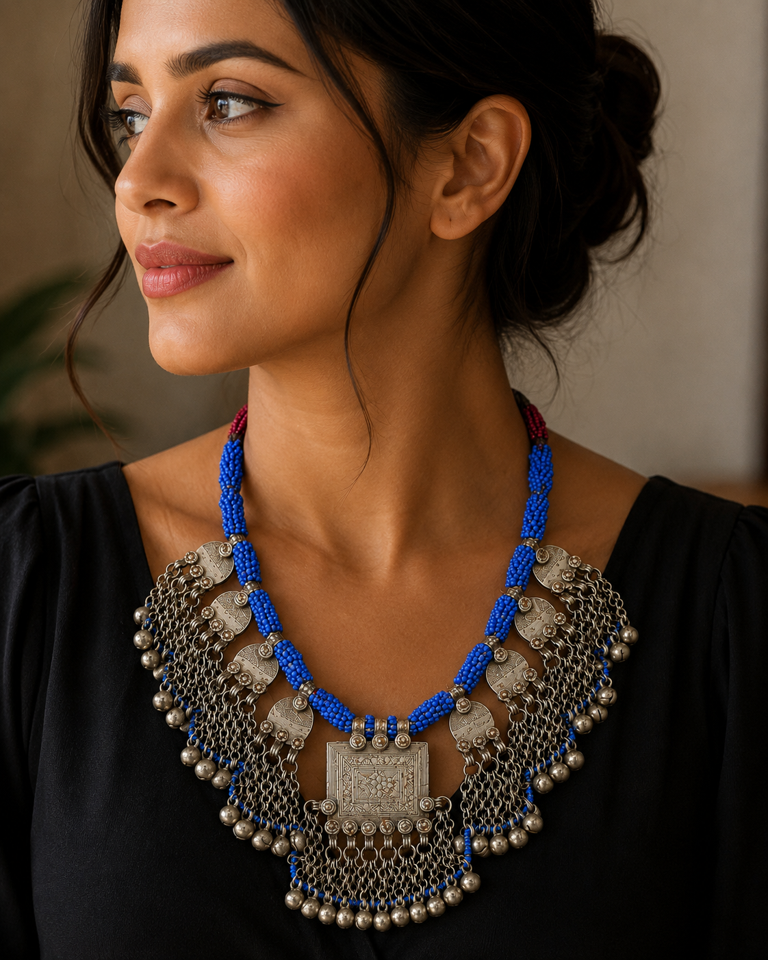 Vintage Kuchi Tribal Bib Necklace: Coin & Bell Statement