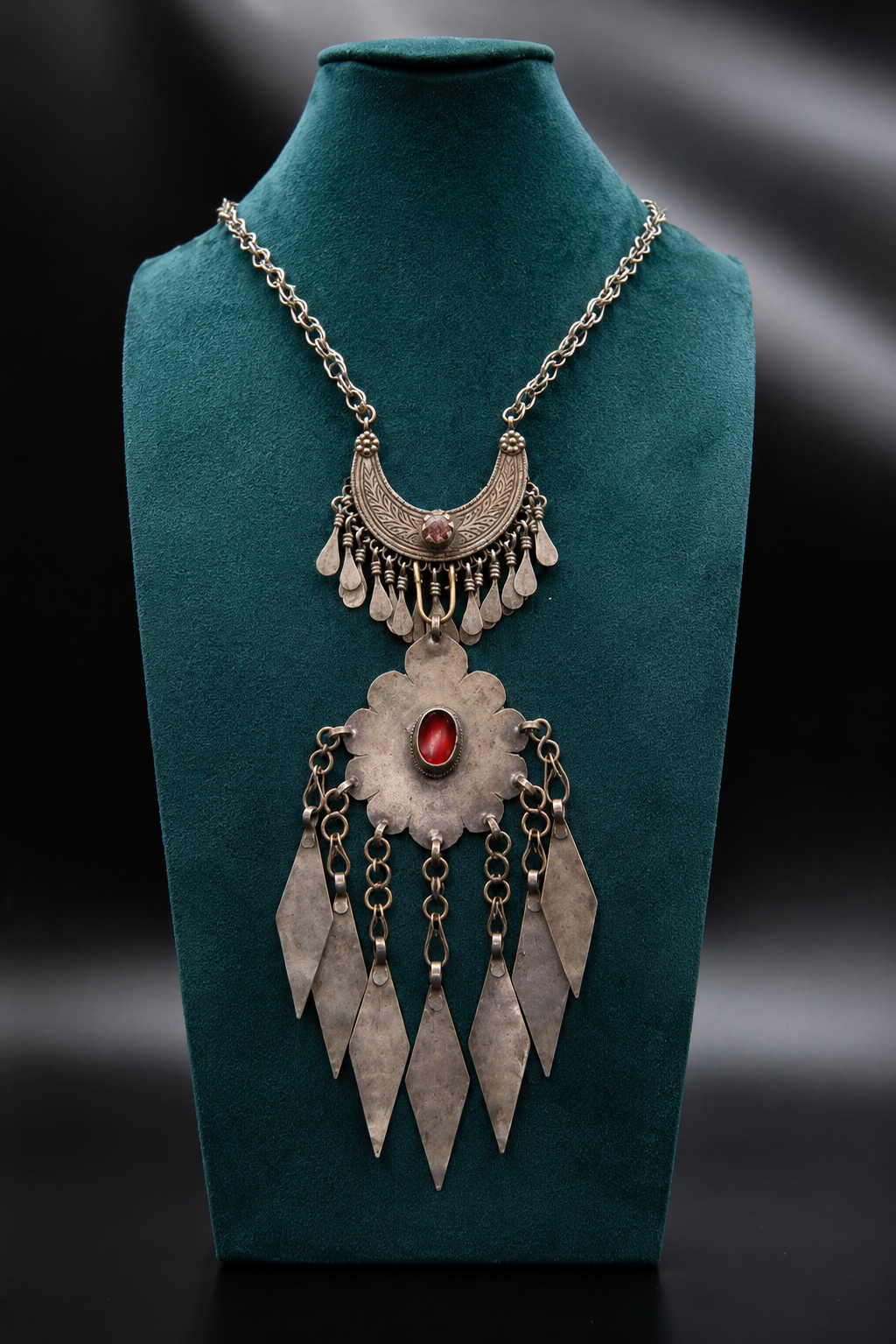 Vintage-Inspired Tribal Statement Necklace with Crimson Accents