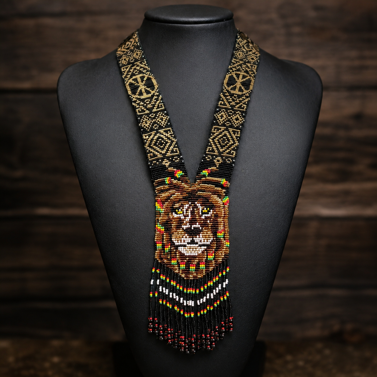 Handmade Beaded Lion Necklace: Ethnic Woven Pendant