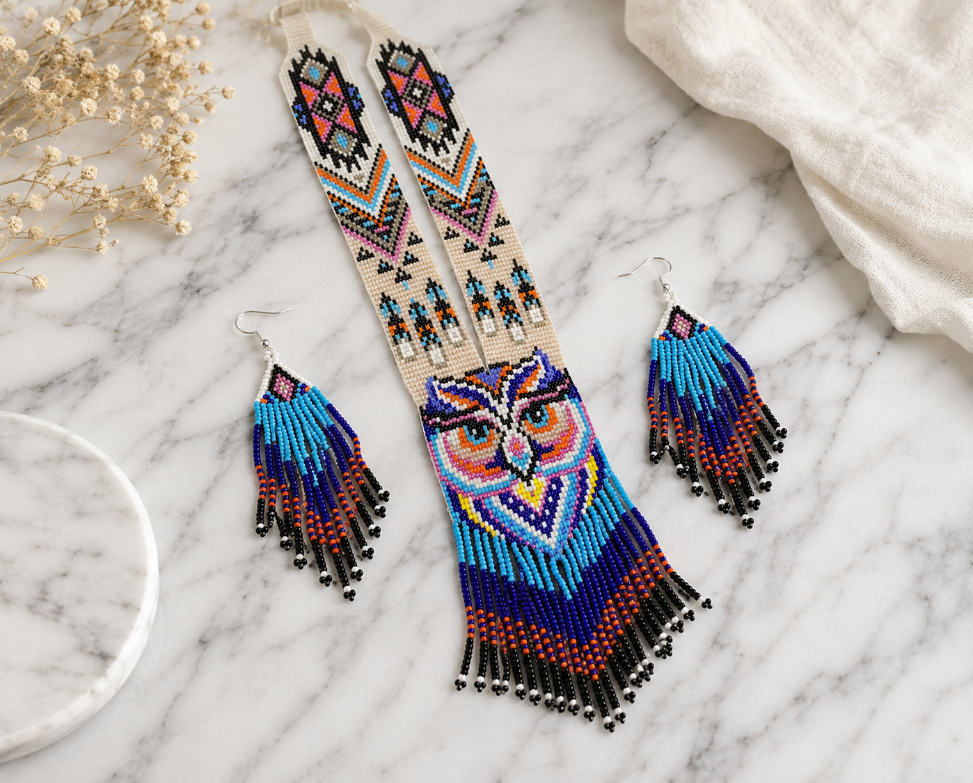 Handmade Beaded Owl Necklace & Earrings Set