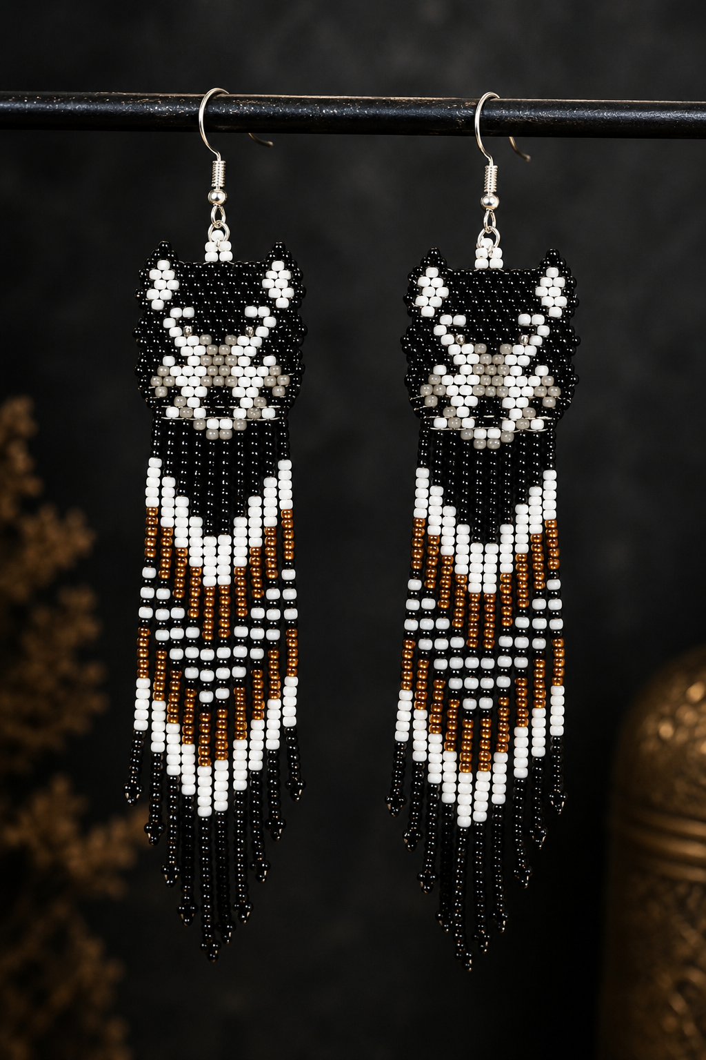 Handmade Wolf Beaded Fringe Earrings: Native Style Statement
