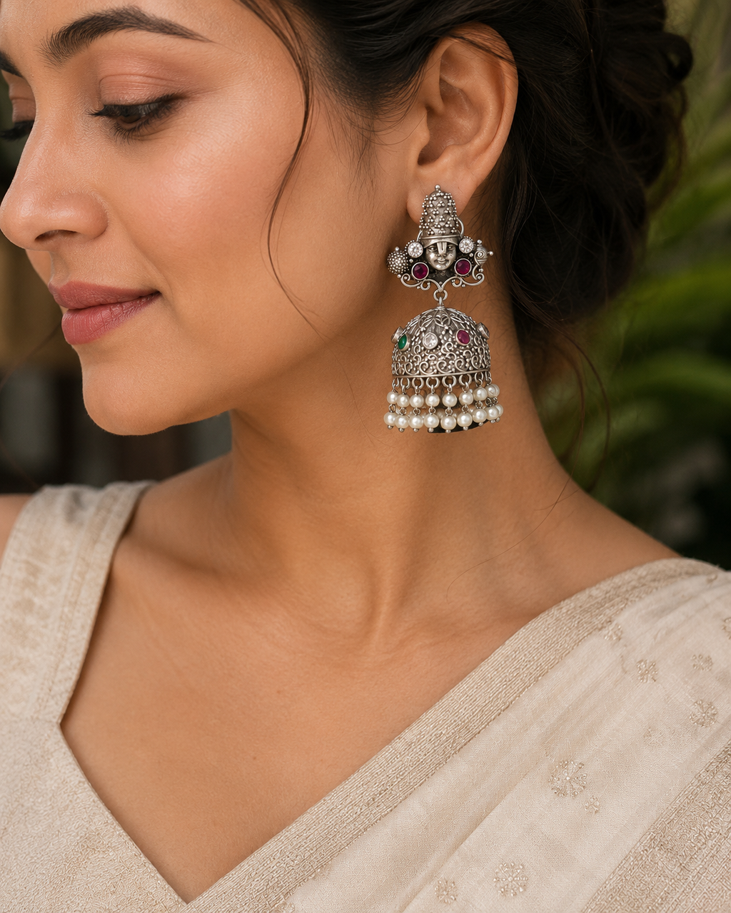 Vishnu Silver Earrings: Pearl Jhumka, Indian God Jewelry
