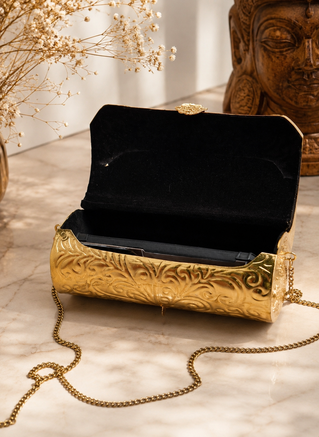 Luxury Gold Embossed Cylindrical Clutch Bag | Vintage Evening Party Purse with Chain