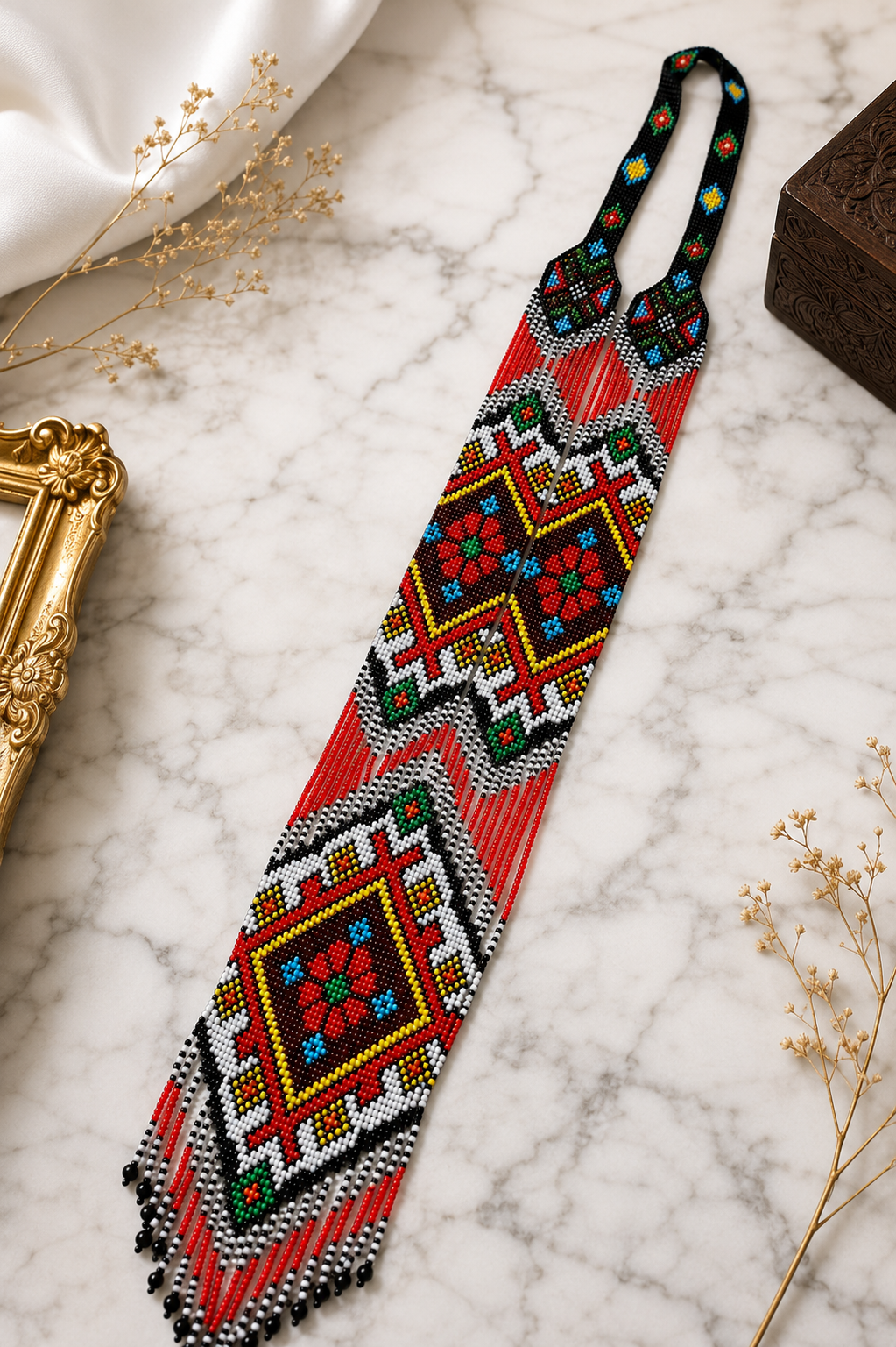 Handmade Tribal Beaded Statement Necklace – Colorful Boho Seed Bead Fringe Necklace – Ethnic Festival Jewelry – Unique Artisan Gift for Women