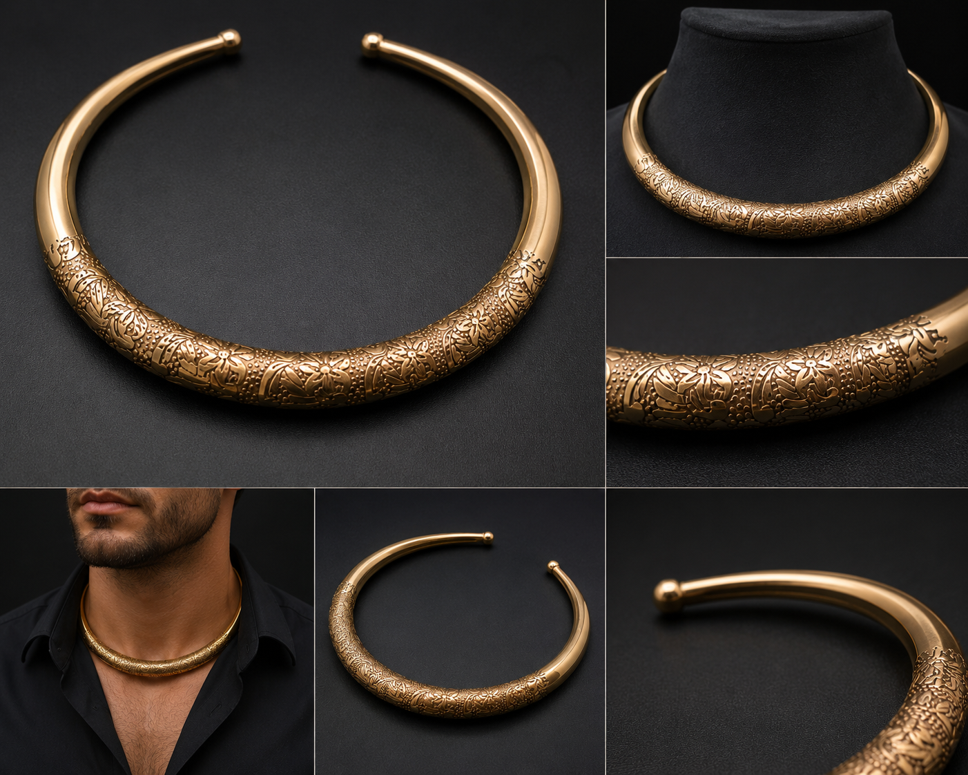 Luxury Gold Engraved Torque Choker Necklace