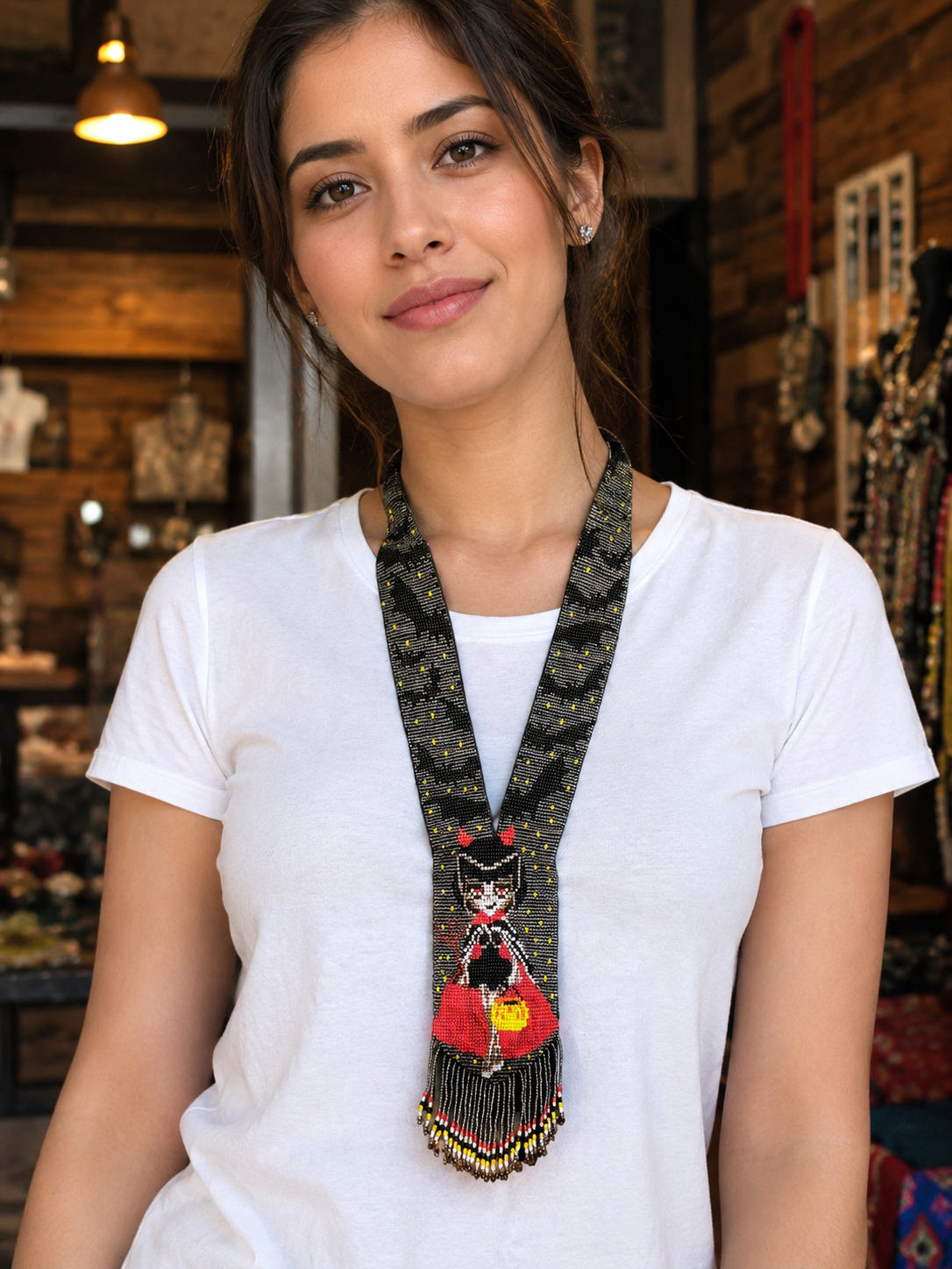 Handmade Beaded Halloween Necklace: Bat & Costume Girl Motif