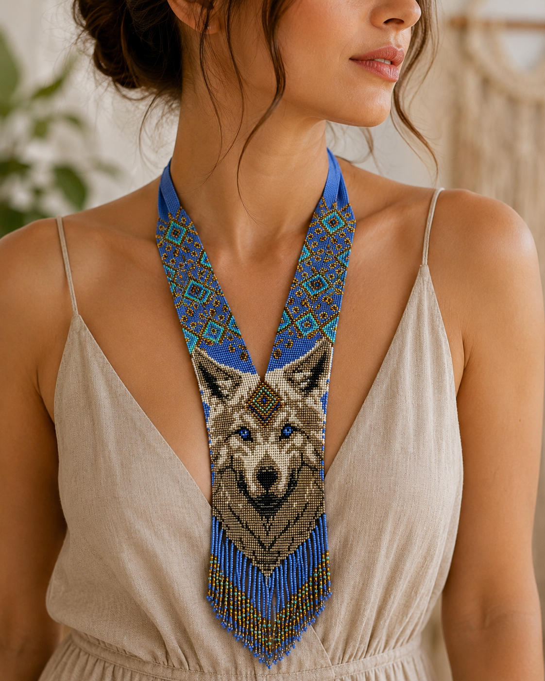 Handmade Beaded Wolf Necklace: Boho Animal Lover Jewelry