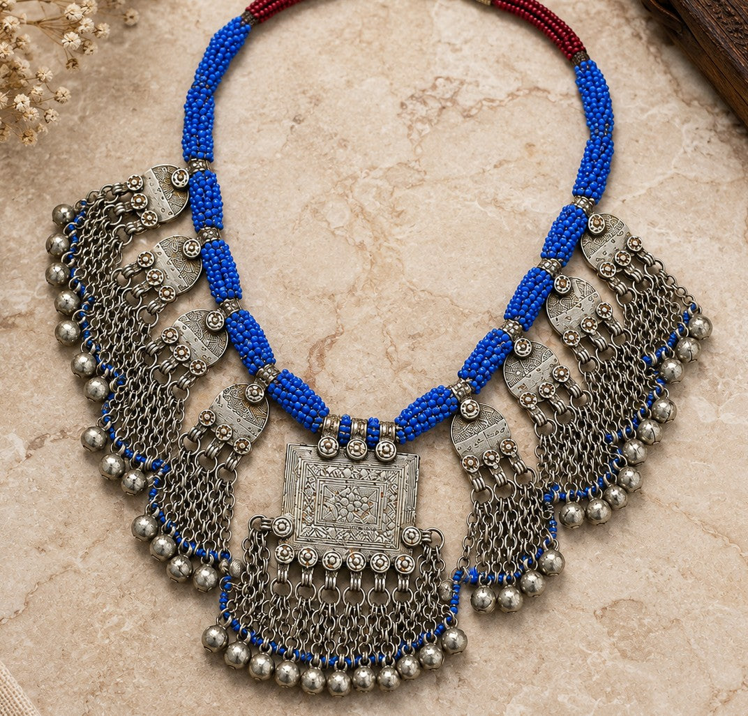 Vintage Kuchi Tribal Bib Necklace: Coin & Bell Statement