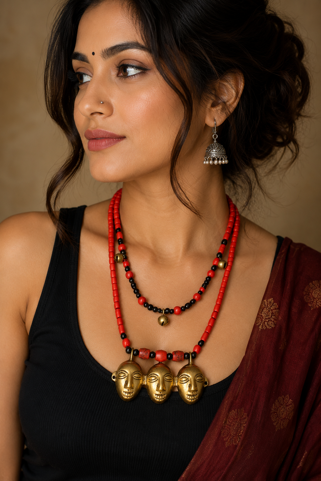 Handmade Tribal Brass Face Pendant Necklace | Red Beaded Ethnic Boho Statement Necklace for Women