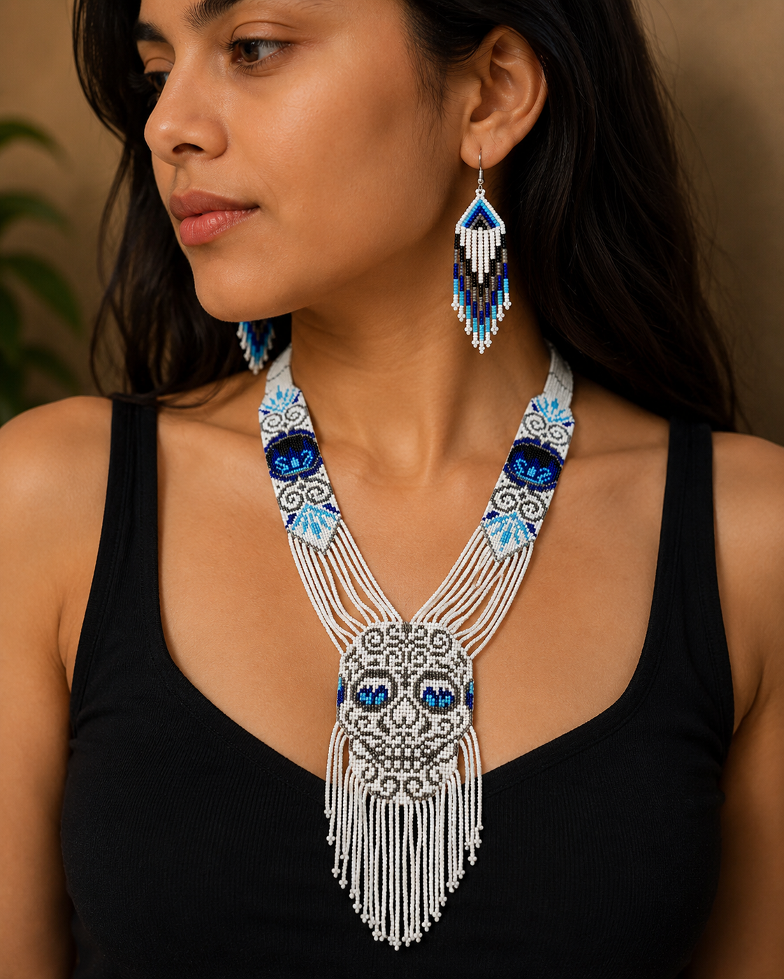 Handmade White Skull Beaded Statement Necklace